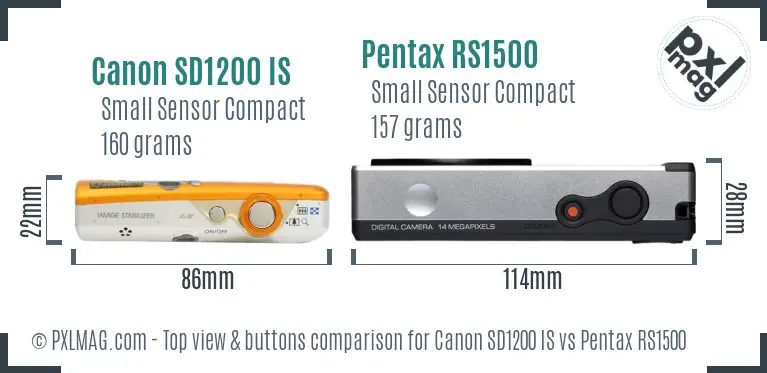 Canon SD1200 IS vs Pentax RS1500 top view buttons comparison