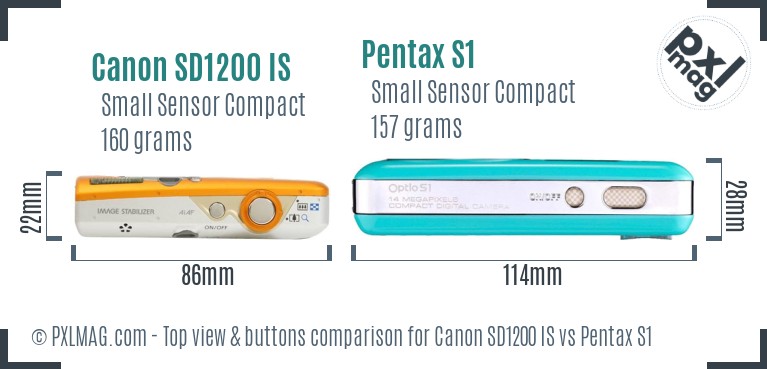 Canon SD1200 IS vs Pentax S1 top view buttons comparison