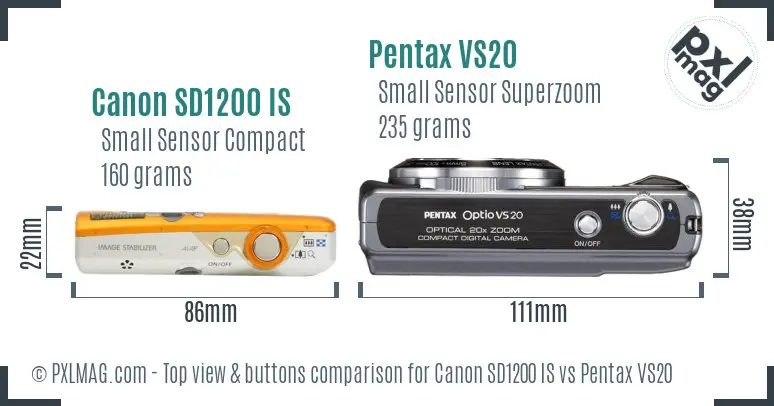 Canon SD1200 IS vs Pentax VS20 top view buttons comparison