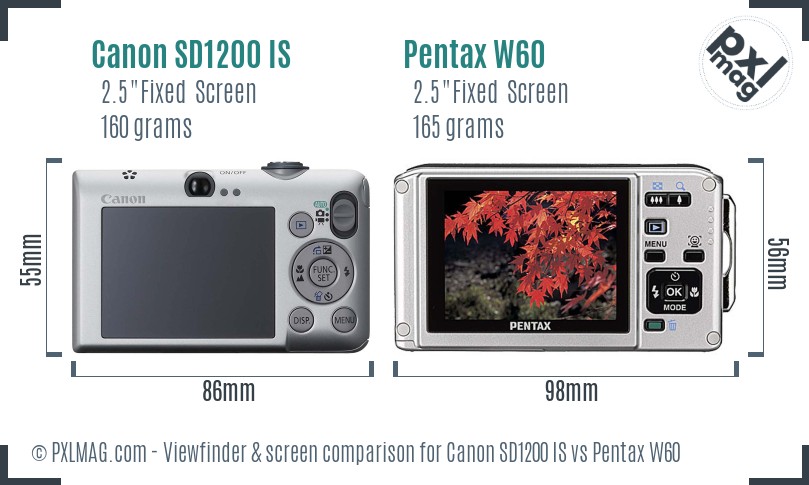 Canon SD1200 IS vs Pentax W60 Screen and Viewfinder comparison