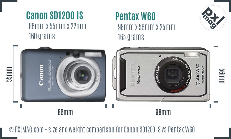 Canon SD1200 IS vs Pentax W60 size comparison
