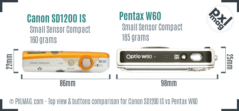 Canon SD1200 IS vs Pentax W60 top view buttons comparison