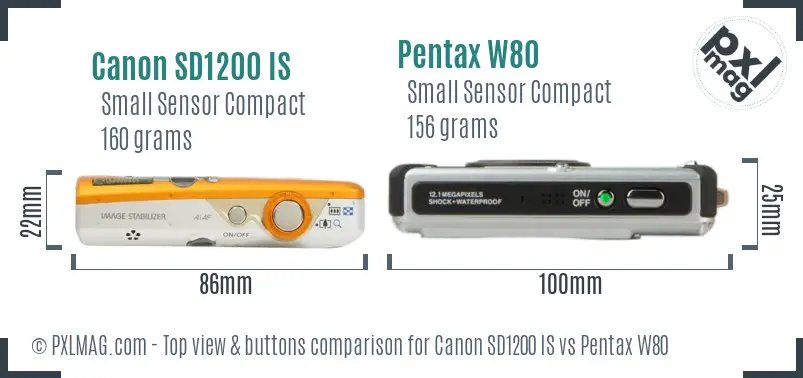 Canon SD1200 IS vs Pentax W80 top view buttons comparison Canon SD1200 IS vs Pentax W80 top view buttons comparison