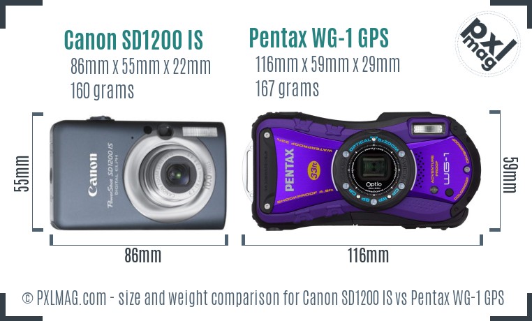 Canon SD1200 IS vs Pentax WG-1 GPS size comparison Canon SD1200 IS vs Pentax WG-1 GPS size comparison