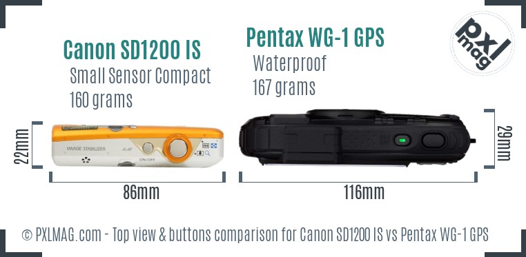 Canon SD1200 IS vs Pentax WG-1 GPS top view buttons comparison