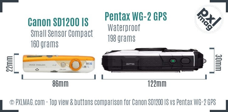 Canon SD1200 IS vs Pentax WG-2 GPS top view buttons comparison