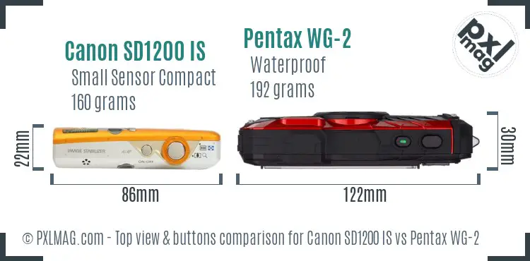 Canon SD1200 IS vs Pentax WG-2 top view buttons comparison