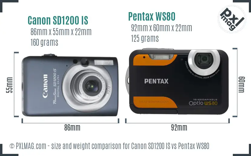 Canon SD1200 IS vs Pentax WS80 size comparison