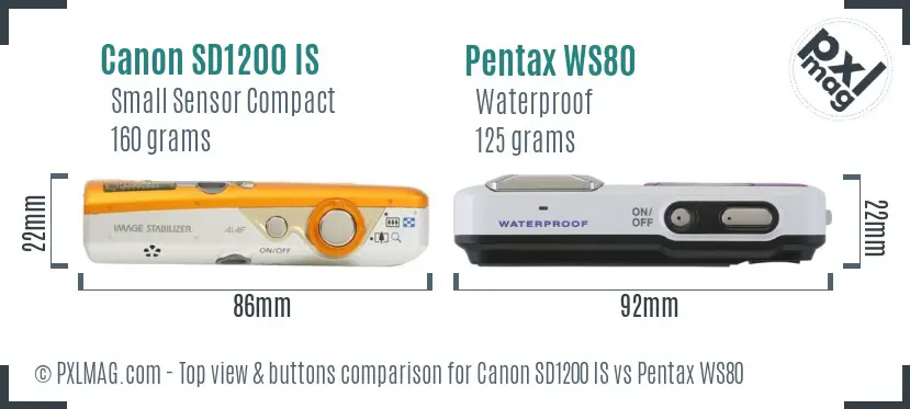 Canon SD1200 IS vs Pentax WS80 top view buttons comparison
