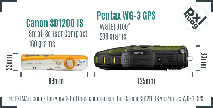 Canon SD1200 IS vs Pentax WG-3 GPS top view buttons comparison Canon SD1200 IS vs Pentax WG-3 GPS top view buttons comparison
