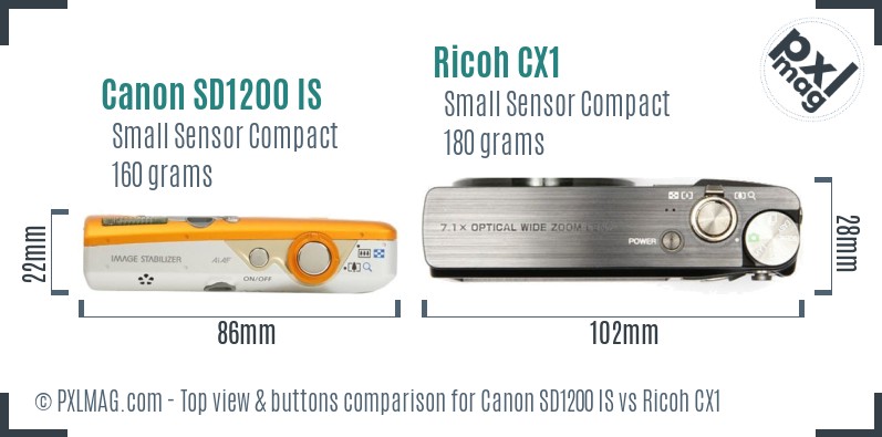 Canon SD1200 IS vs Ricoh CX1 top view buttons comparison