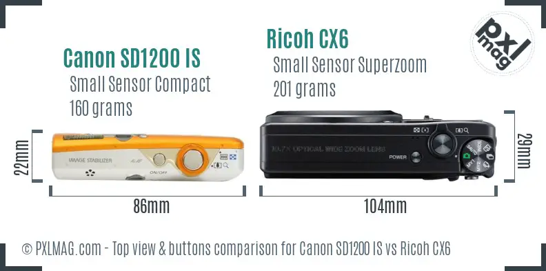 Canon SD1200 IS vs Ricoh CX6 top view buttons comparison