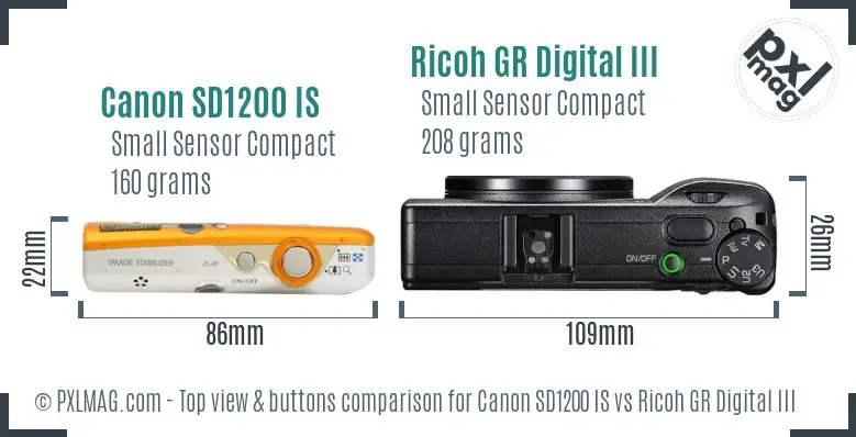 Canon SD1200 IS vs Ricoh GR Digital III top view buttons comparison