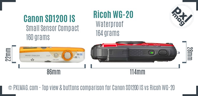 Canon SD1200 IS vs Ricoh WG-20 top view buttons comparison