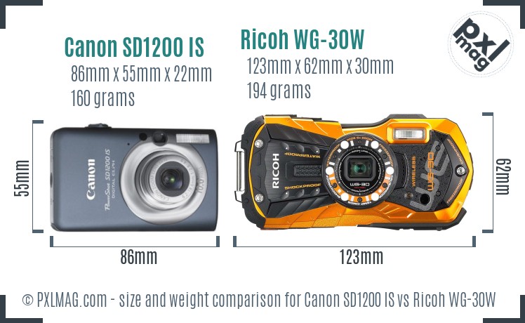 Canon SD1200 IS vs Ricoh WG-30W size comparison