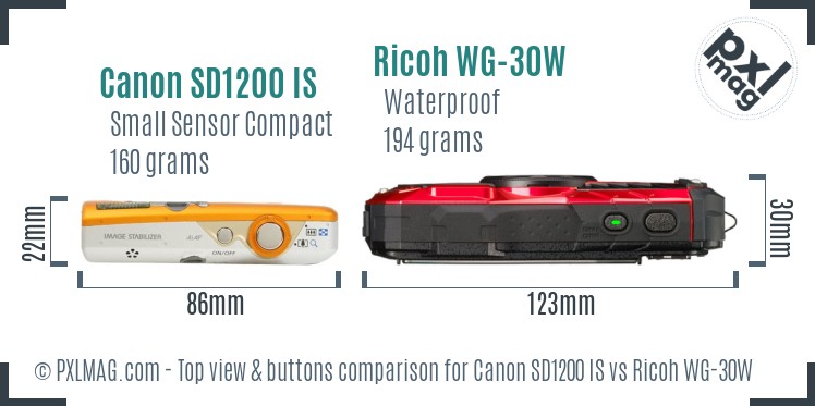 Canon SD1200 IS vs Ricoh WG-30W top view buttons comparison