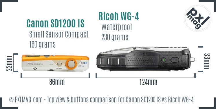 Canon SD1200 IS vs Ricoh WG-4 top view buttons comparison