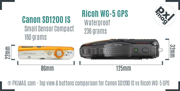 Canon SD1200 IS vs Ricoh WG-5 GPS top view buttons comparison
