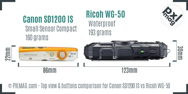 Canon SD1200 IS vs Ricoh WG-50 top view buttons comparison Canon SD1200 IS vs Ricoh WG-50 top view buttons comparison