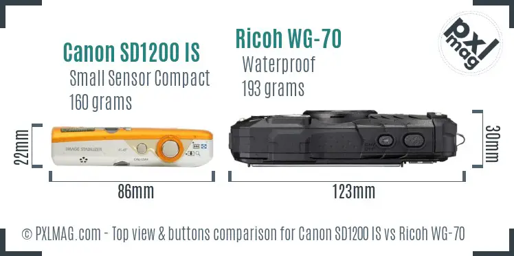 Canon SD1200 IS vs Ricoh WG-70 top view buttons comparison