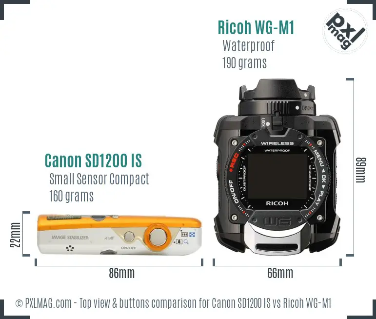 Canon SD1200 IS vs Ricoh WG-M1 top view buttons comparison Canon SD1200 IS vs Ricoh WG-M1 top view buttons comparison