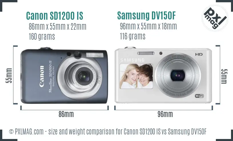 Canon SD1200 IS vs Samsung DV150F size comparison