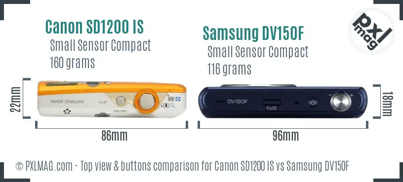 Canon SD1200 IS vs Samsung DV150F top view buttons comparison
