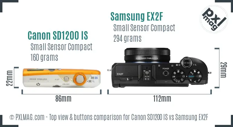 Canon SD1200 IS vs Samsung EX2F top view buttons comparison