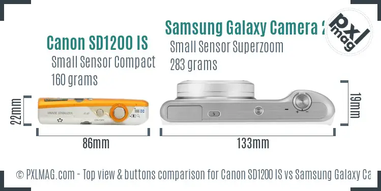 Canon SD1200 IS vs Samsung Galaxy Camera 2 top view buttons comparison