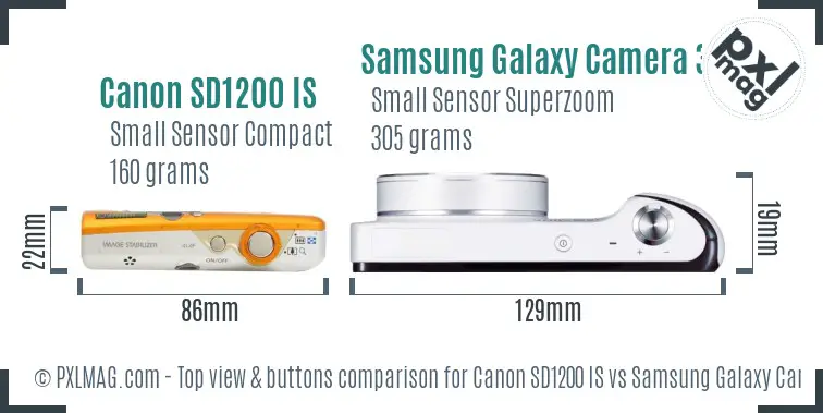 Canon SD1200 IS vs Samsung Galaxy Camera 3G top view buttons comparison