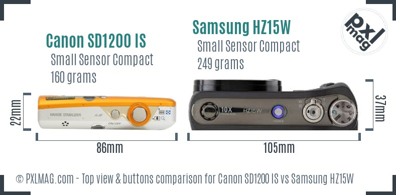 Canon SD1200 IS vs Samsung HZ15W top view buttons comparison