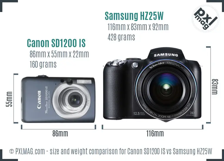 Canon SD1200 IS vs Samsung HZ25W size comparison