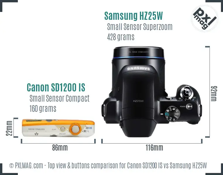Canon SD1200 IS vs Samsung HZ25W top view buttons comparison