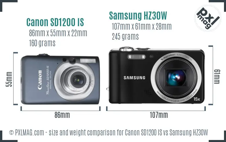 Canon SD1200 IS vs Samsung HZ30W size comparison