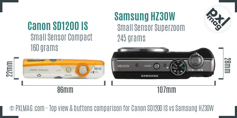 Canon SD1200 IS vs Samsung HZ30W top view buttons comparison