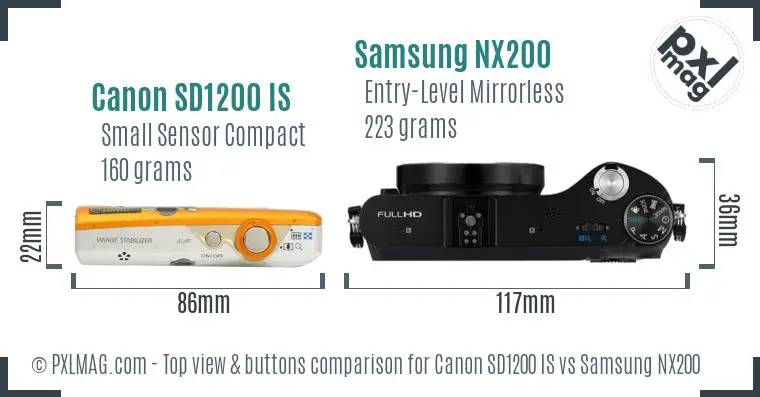 Canon SD1200 IS vs Samsung NX200 top view buttons comparison