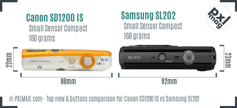 Canon SD1200 IS vs Samsung SL202 top view buttons comparison Canon SD1200 IS vs Samsung SL202 top view buttons comparison
