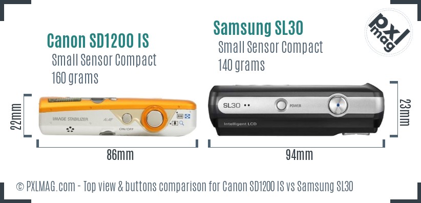 Canon SD1200 IS vs Samsung SL30 top view buttons comparison