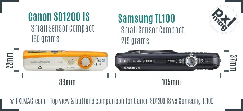 Canon SD1200 IS vs Samsung TL100 top view buttons comparison