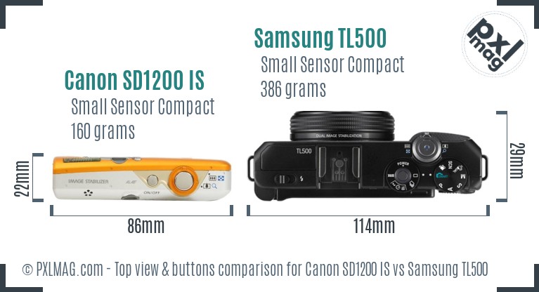 Canon SD1200 IS vs Samsung TL500 top view buttons comparison