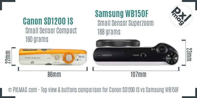 Canon SD1200 IS vs Samsung WB150F top view buttons comparison