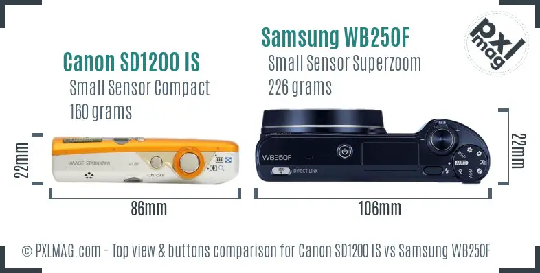 Canon SD1200 IS vs Samsung WB250F top view buttons comparison