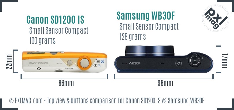 Canon SD1200 IS vs Samsung WB30F top view buttons comparison