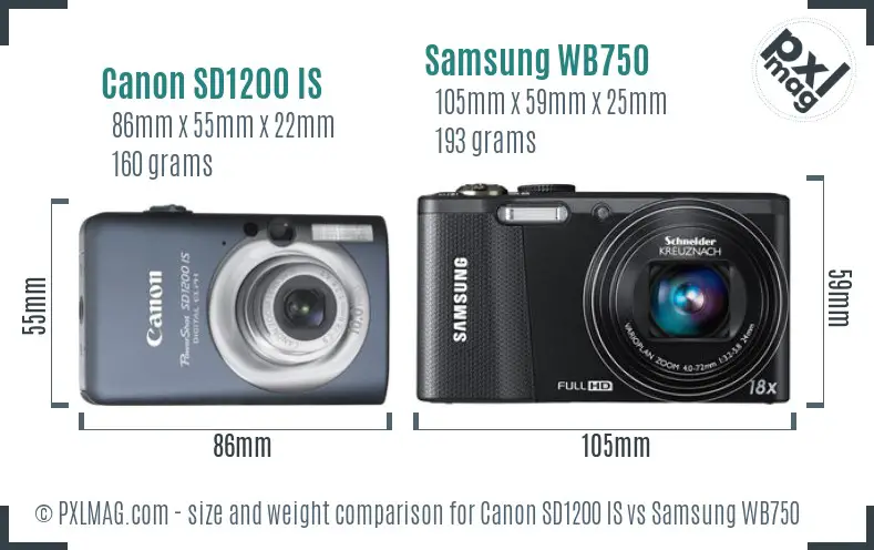 Canon SD1200 IS vs Samsung WB750 size comparison