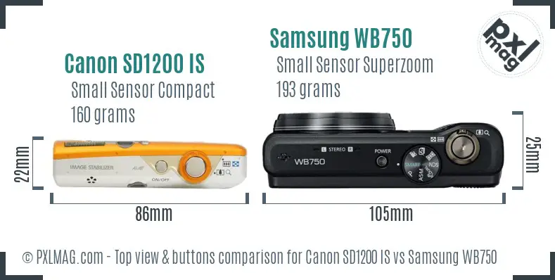 Canon SD1200 IS vs Samsung WB750 top view buttons comparison