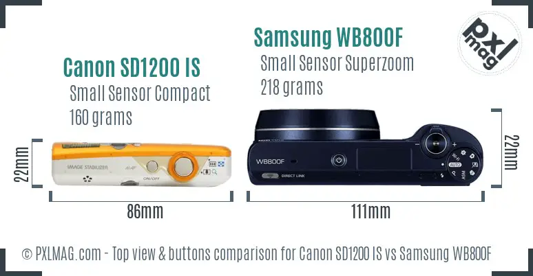 Canon SD1200 IS vs Samsung WB800F top view buttons comparison