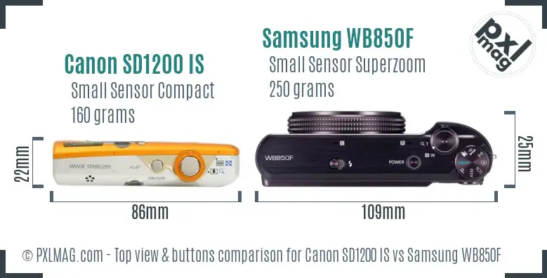 Canon SD1200 IS vs Samsung WB850F top view buttons comparison