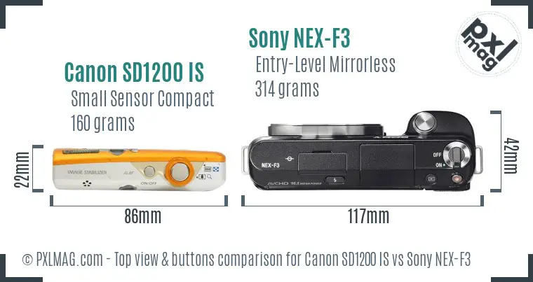 Canon SD1200 IS vs Sony NEX-F3 top view buttons comparison