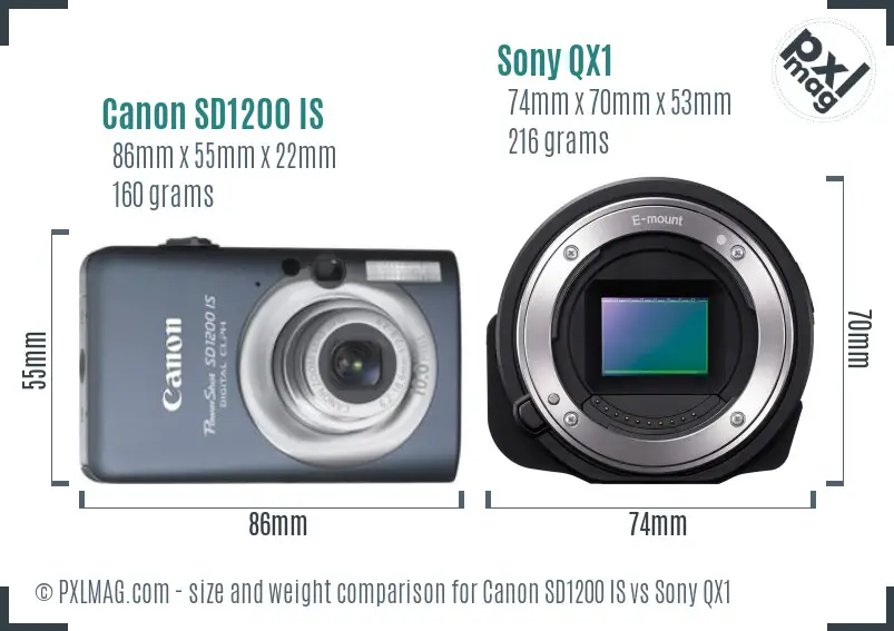 Canon SD1200 IS vs Sony QX1 size comparison