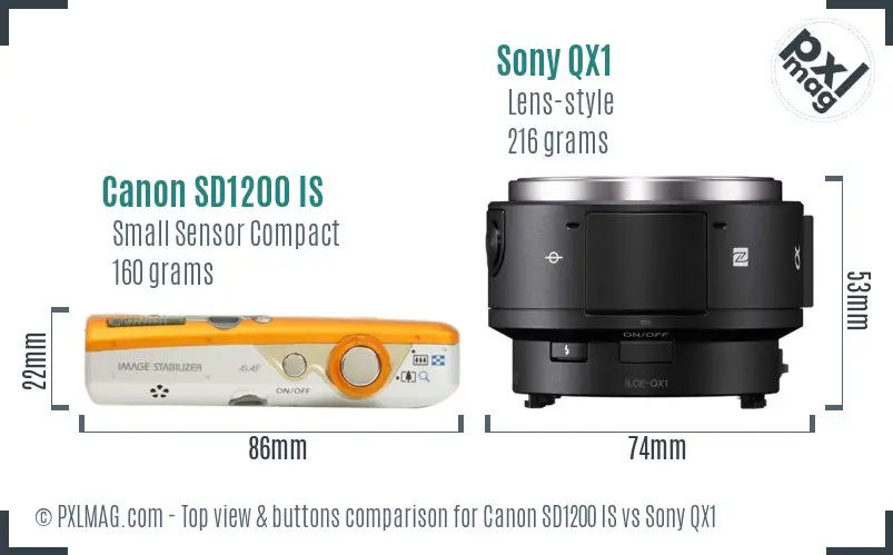 Canon SD1200 IS vs Sony QX1 top view buttons comparison